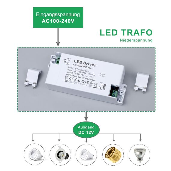 REYLAX LED Transformator 12V 60W, Treiber Elektronischer Trafo, 5A Trafo 230V Auf 12V DC Schalt Niedervolttrafo, Konstantspannungs Netzteil für Lampen Nicht Dimmbar -120x50x30mm
