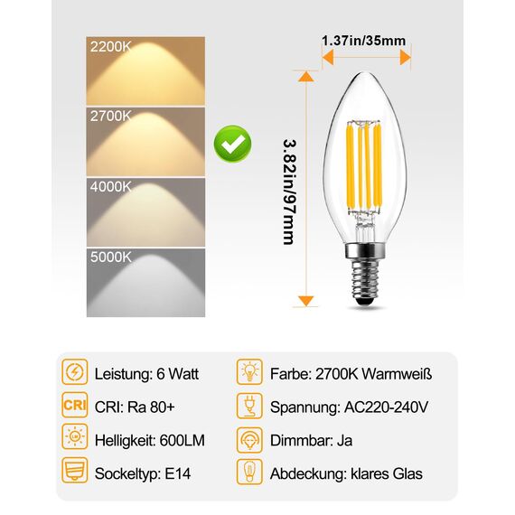 BRIMAX E14 LED Dimmbare Glühbirnen Warmweiss 2700K Kerzen Lampen 6W=60W C35 LED Lampe 600lm AC220-240V Glass Led Ersatzbirnen E14 für Haus-, Terrassen- und Außenbeleuchtung 5er Pack