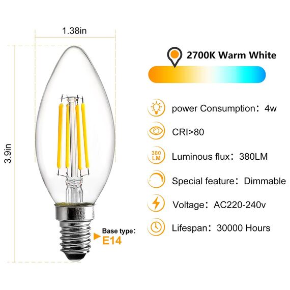 BRIMAX LED Dimmbare Kerzen Glühbirnen, E14 Fassung, 2700K Warmweiss, 4W ersetzt 40 Watt, 400 Lumen, AC220-240V, Glas Klar Edison Fadenlampe C35 für Kronleuchter Tischlampen Wandlampen 5 Stück
