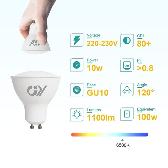 GY GU10 LED Kaltweiss Lampe,10W 6500K 1100 Lumen Kaltweiß Glühbirnen,Ersetzt 100W Leuchtmittel,Abstrahlwinkel 120° Reflektorlampen,Nicht Dimmbar Led Birnen,6 stück(1er Pack) [Energieklasse E]