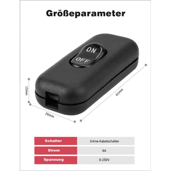 Schnurschalter, 3 Stück Wippschalter Inline Schalter Zwischenschalter Kabelschalter 6A 250V für 2-adrige und 3-adrige Zuleitungen Kompatibel mit alle Arten von Elektrischen Lampen Tischlampen Schwarz