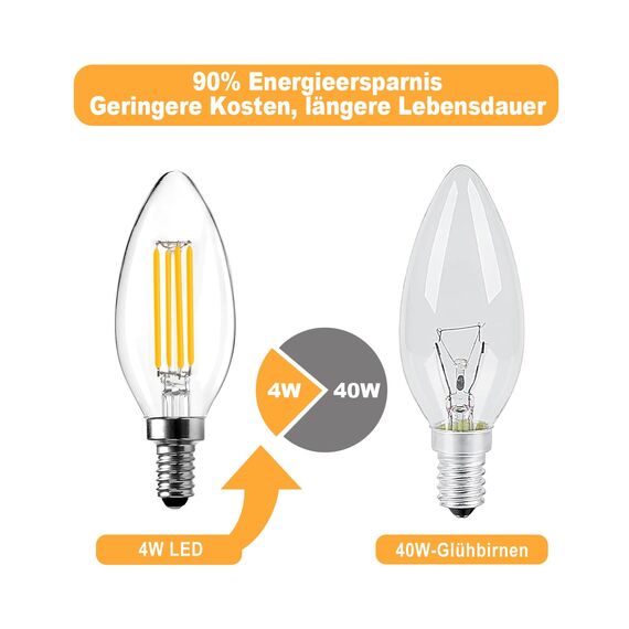 BRIMAX LED 10 Stück Dimmbare Kerzen Glühbirnen, E14 Fassung, 2700K Warmweiss, 4W ersetzt 40 Watt, 400 Lumen, AC220-240V, Glas Klar Edison Fadenlampe C35 für Kronleuchter Tischlampen Wandlampen