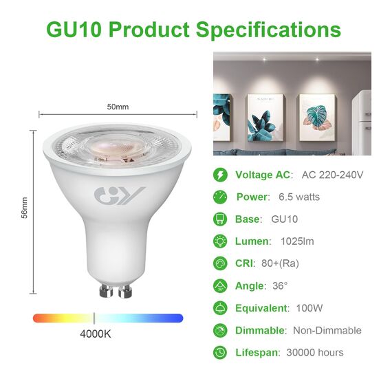 GY GU10 LED Neutralweiss Lampe,6,5W 4000K 1025Lumen Neutralweiß Glühbirnen,Ersetzt 100W Leuchtmittel,36° Abstrahlwinkel Spot Strahler,Enegiesparende GU10 Nicht Dimmbar Reflektor Lampen,6stück