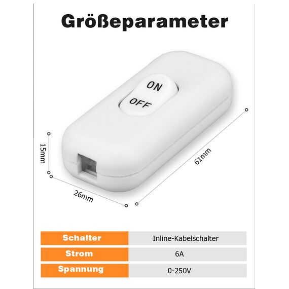 Schnurschalter, Wippschalter Inline Schalter Zwischenschalter Kabelschalter 6A 250V für 2-adrige und 3-adrige Zuleitungen Kompatibel mit alle Arten von Elektrischen Lampen Tischlampen (weiß, 1)