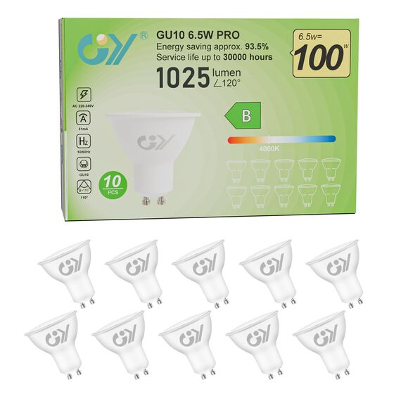 GY GU10 LED Neutralweiss Lampe 6.5W 4000K 1025 Lumen Neutralweiß Leuchtmittel,LED GU10 Energiesparlampe 100W lampe ersetzt,Nicht Dimmbar Birnen,10 stück [Energieeffizienzklasse B]