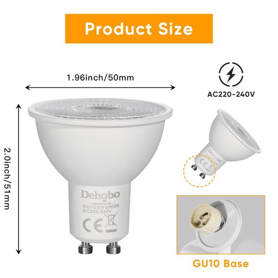 Dehobo GU10 LED Warmweiss Glühbirne, LED Lampen Licht Spot Warmweiss Lampe 6W 2800K 480 Lumen Ersetzt 60W Halogen Leuchtmittel, 120° Abstrahlwinkel Spotlight, Nicht Dimmbar Led, 6 Stück
