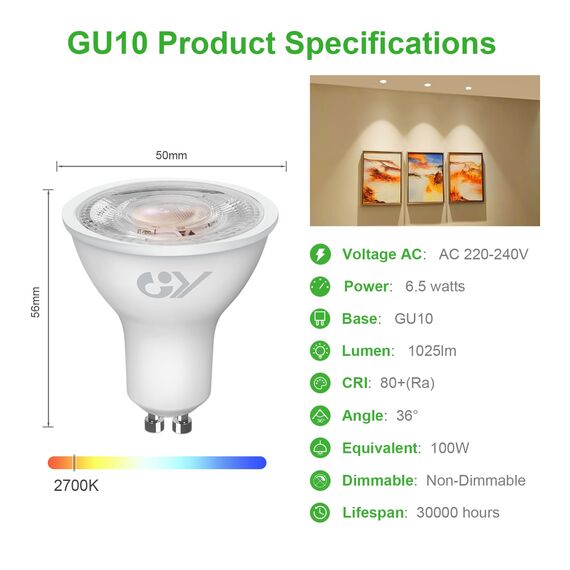 GY GU10 LED Warmweiss Lampe,6,5W 2700K 1025 Lumen Warmweiß Glühbirnen,Ersetzt 100W Leuchtmittel,36° Abstrahlwinkel Spot Strahler,Enegiesparende GU10 Nicht Dimmbar Reflektor Lampen,6 stück