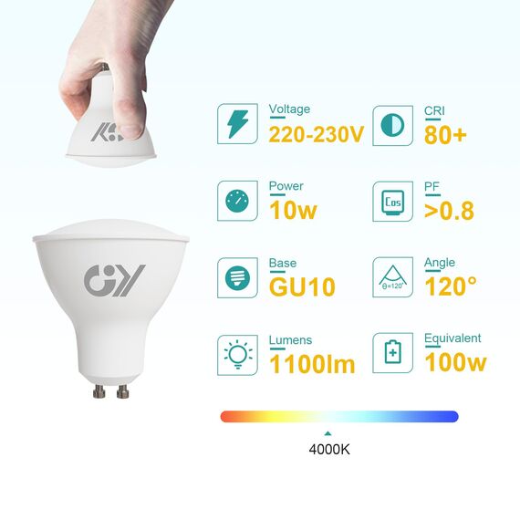 GY GU10 LED Neutralweiss Lampe,10W 4000K 1100lm Neutralweiß Glühbirnen,Äquivalent 100W, Abstrahlwinkel 120° Reflektor Lampen Nicht Dimmbar LED Birnen, 12 stück