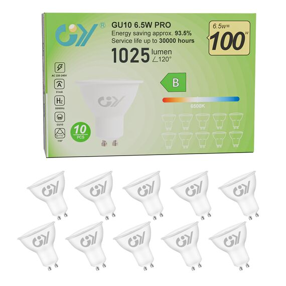 GY GU10 LED Kaltweiss Lampe 6.5W 6500K 1025 Lumen Kaltweiß Leuchtmittel, LED GU10 Energiesparlampe 100W lampe ersetzt, Nicht Dimmbar Birnen,10 stück