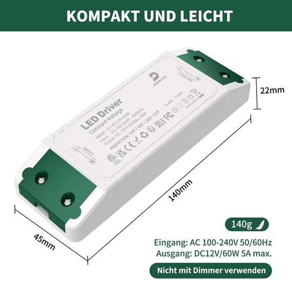 LED Trafo 230V auf 12V 60W, 5A LED Transformator Treiber Netzteil AC/DC Konstantspannungs, Niedervolttrafo Schaltnetzteil LED Driver Power Supply für MR16 GU5.3 MR11 G4 Lampen Strip, DUSKTEC