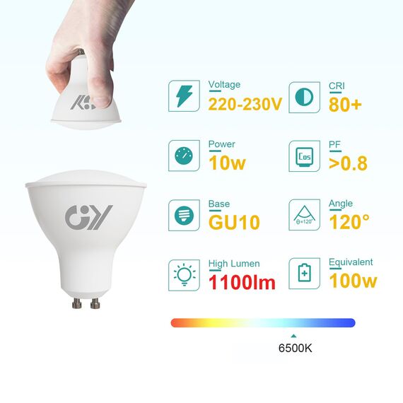 GY GU10 LED Kaltweiss Lampe,10W 6500K 1100 Lumen Kaltweiß Glühbirnen,Ersetzt 100W Leuchtmittel,Abstrahlwinkel 120° Reflektorlampen,Nicht Dimmbar Led Birnen,12 stück(1er Pack) [Energieklasse E]