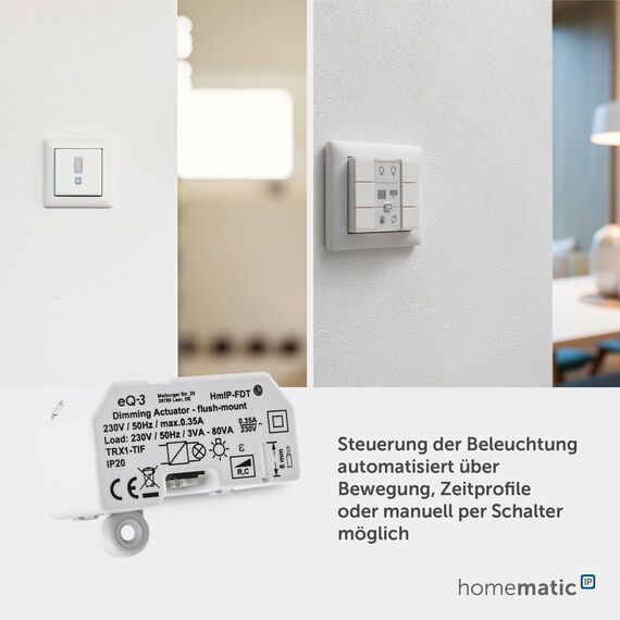 Homematic IP Smart Home Dimmaktor Unterputz – Phasenabschnitt, dimmt Leuchten per App, Alexa & Google Assistant, digitaler Phasenabschnittsdimmer für dimmbare Leuchtmittel und LED-Lampen, 150609A0