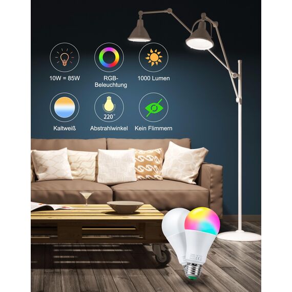 REYLAX Farbige Leuchtmittel LED RGBW Lampe E27 10W, Dimmbare Kaltweiß Edison Glühbirne Lampen Dual Memory 12 Farben LED Birnen, Fernbedienung inklusive, für Wohnzimmer, Partykeller (2-er Pack)