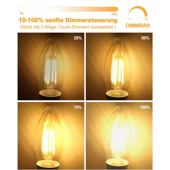 BRIMAX LED 10 Stück Dimmbare Kerzen Glühbirnen, E14 Fassung, 2700K Warmweiss, 4W ersetzt 40 Watt, 400 Lumen, AC220-240V, Glas Klar Edison Fadenlampe C35 für Kronleuchter Tischlampen Wandlampen