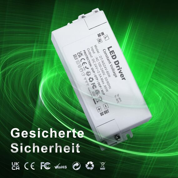 REYLAX LED Trafo 24V 60W, LED Treiber Netzteil 2.5A Trafo 230V auf 24V, Transformator 230V 24V, AC zu DC Schalt Niedervolttrafo, Konstantspannungs Driver für Led Lampen, Nicht Dimmbar