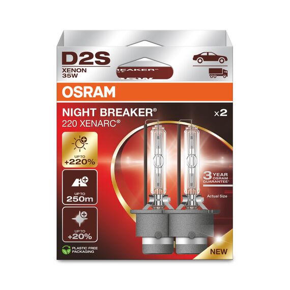 Osram XENARC NIGHT BREAKER 220, D2S, +220% mehr Helligkeit, Xenon-Scheinwerferlampe, 66240XN2-2HB, Faltschachtel (2 Lampen)
