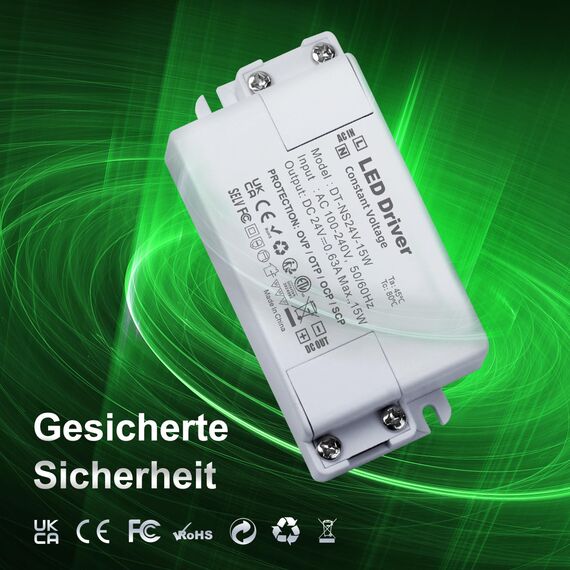 REYLAX LED Transformator LED Trafo 24V 15W, Netzteil Treiber 630mA 230V auf 24V, AC zu DC Schalt Niedervolttrafo, Konstantspannungs Driver für Led Lichtstreifen, Nicht Dimmbar