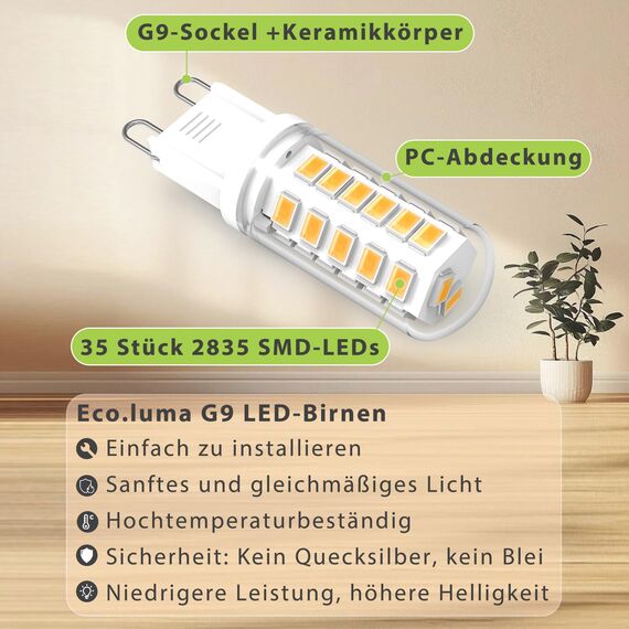Eco.Luma G9 LED Lampen Warmweiß 2700K, LED Leuchtmittel 3W Ersatz Für Halogenlampe 40W 50W, AC 230V Mini Glühlampe, Kein Flackern 500LM, Nicht Dimmbar 5er Pack