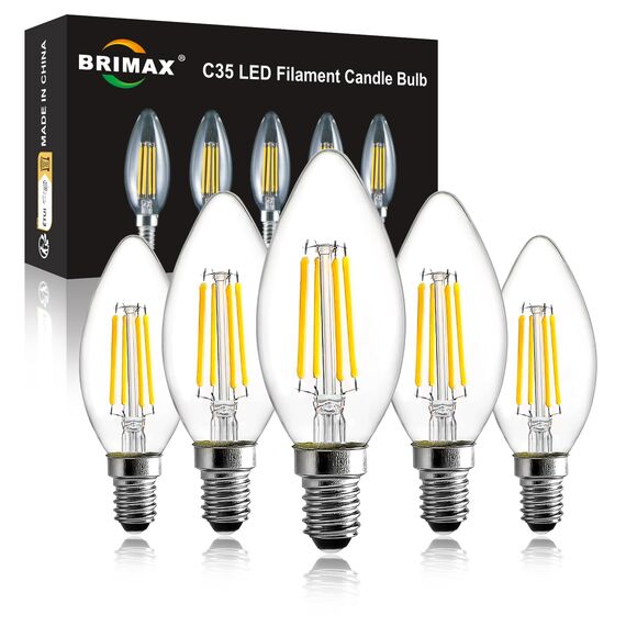 BRIMAX LED Dimmbare Kerzen Glühbirnen, E14 Fassung, 2700K Warmweiss, 4W ersetzt 40 Watt, 400 Lumen, AC220-240V, Glas Klar Edison Fadenlampe C35 für Kronleuchter Tischlampen Wandlampen 5 Stück