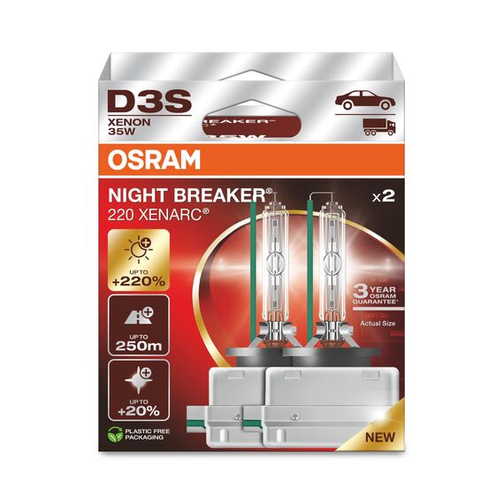 Osram XENARC NIGHT BREAKER 220, D3S, +220% mehr Helligkeit, Xenon-Scheinwerferlampe, 66340XN2-2HB, Faltschachtel (2 Lampen)
