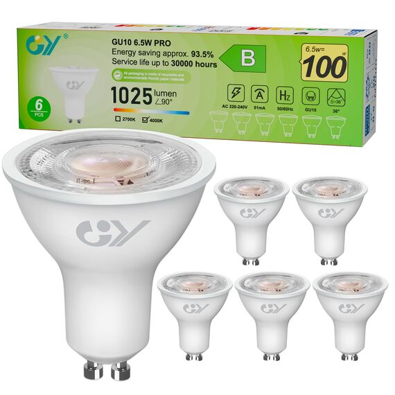 GY GU10 LED Neutralweiss Lampe,6,5W 4000K 1025Lumen Neutralweiß Glühbirnen,Ersetzt 100W Leuchtmittel,36° Abstrahlwinkel Spot Strahler,Enegiesparende GU10 Nicht Dimmbar Reflektor Lampen,6stück