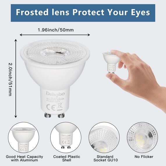 Dehobo GU10 LED Kaltweiß Glühbirne, LED Lampen Licht Spot Kaltweiß Lampe 6W 6000K 480 Lumen Ersetzt 60W Halogen Leuchtmittel, 120° Abstrahlwinkel Spotlight, Nicht Dimmbar Led, 6 Stück