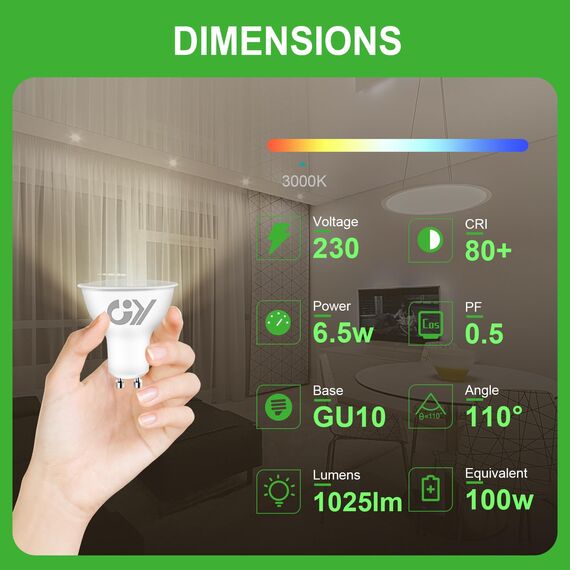 GY GU10 LED Warmweiss Lampe 6.5W 3000K 1025 Lumen Warmweiß Leuchtmittel,LED GU10 Energiesparlampe 100W lampe ersetzt,Nicht Dimmbar Birnen,5 stück [Energieeffizienzklasse B]