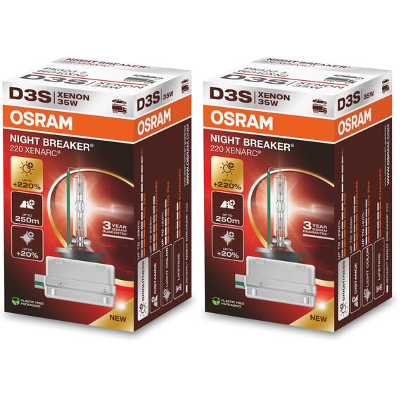 Osram XENARC NIGHT BREAKER 220, D3S, +220% mehr Helligkeit, Xenon-Scheinwerferlampe, 66340XN2, Faltschachtel (1 Lampe) (Packung mit 2)