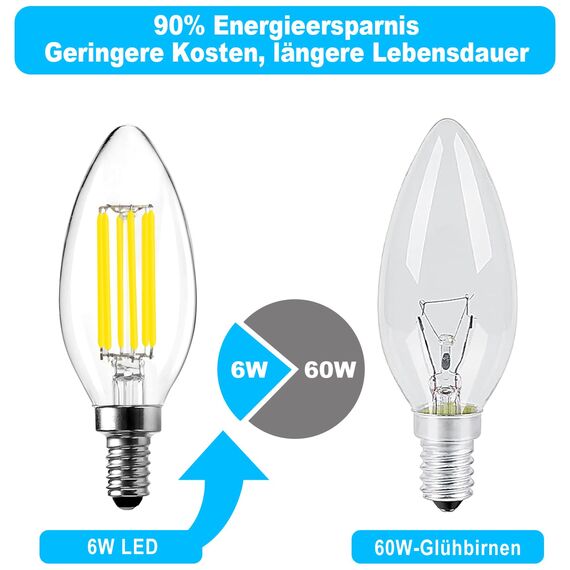 BRIMAX LED Dimmbare 6W Glühbirnen, 5000K Kaltweiss, E14 Fassung, 6W ersetzt 60 Watt, 600 Lumen, AC220-240V, Glas Klar Edison Fadenlampe C35 Kerzenform für Kronleuchter Tischlampen Wandlampen 5 Stück