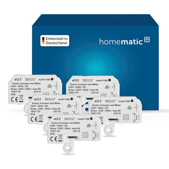 Homematic IP Schalt-Mess-Aktor – Unterputz, Packung mit 5, Smart Home, Aktor misst Strom, steuert Geräte und Leuchten per App, Alexa & Google Home, Energie sparen, 142721A0