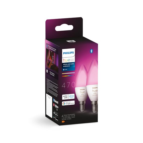 Philips Hue White & Color Ambiance E14 LED Lampe, 2-er Pack, dimmbar, bis zu 16 Mio. Farben, steuerbar via App, kompatibel mit Amazon Alexa (Echo Echo Dot)