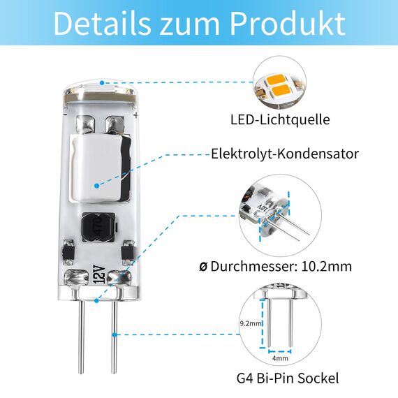 I-SHUNFA G4 LED Lampen, 0.6W LED Birnen, 12V, 70LM, Warmweiß 3000K Ersatz für 6-10W Halogenlampen, G4 Stiftsockellampe Nicht Dimmbar, Mini Glühlampe, 6er Pack
