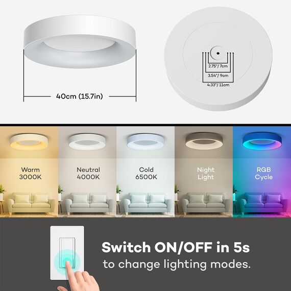 Matane LED Deckenleuchte RGB Farbwechsel, Deckenlampe Dimmbar mit Fernbedienung, 36W Lampen 3000K-6500K für Jugendzimmer Wohnzimmer Schlafzimmer Kinderzimmer Badezimmer Küche Rund 40cm