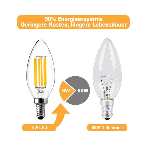 BRIMAX 10 Stück LED Dimmbare 6W Glühbirnen, E14 Fassung, 2700K Warmweiss, 6W ersetzt 60 Watt, 600 Lumen, AC220-240V, Glas Klar Edison Fadenlampe C35 Kerzenform für Kronleuchter Tischlampen Wandlampen