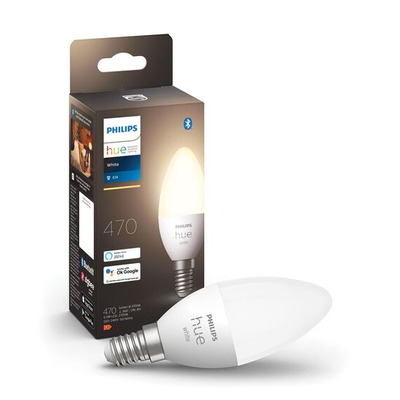 Philips Hue White E14 Kerze Einzelpack 470lm, dimmbar, warmweißes Licht, steuerbar via App, kompatibel mit Amazon Alexa (Echo, Echo Dot), 1er Pack