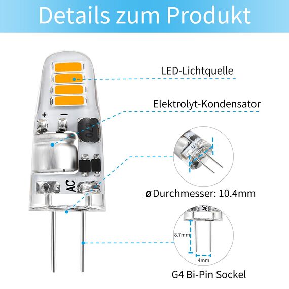 I-SHUNFA G4 LED-Leuchtmittel, 1,2 W, 12 V, 100 lm, Warmweiß 3000 K, Ersatz für 15 W Halogen, flimmerfrei, nicht dimmbar, Stiftsockel