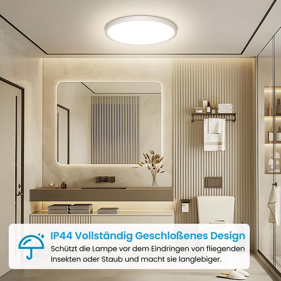 NIBSHOOM LED Deckenleuchte, 24W 2400LM Superschlanke Deckenlampe 4000K IP44 Wasserfest für Wohnzimmer Badezimmer Schlafzimmer Küche Flur Balkon, Rund und Flach Modern Led Lampen Ø300*H24mm, Warmweiß