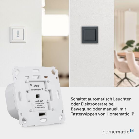 Homematic IP Smart Home Schalt-Mess-Aktor für Markenschalter, Aktor misst Strom, steuert Geräte und Leuchten per App, Alexa & Google Assistant, Energie sparen, 142720A0