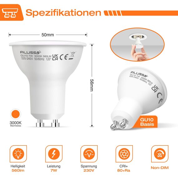 ALUSSO GU10 LED 7W 3000K Warmweiß Leuchtmittel 560 Lumen Birnen Ersetzen 70W Halogenlampen Abstrahlwinkel 120 ° Reflektor Lampen, 10er Set