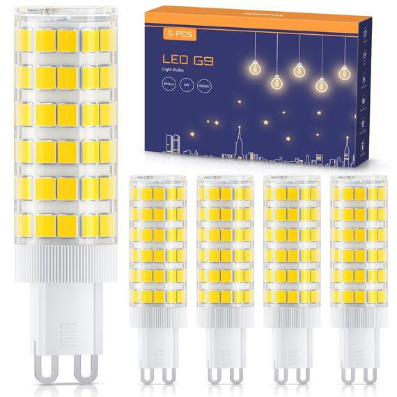 TASMOR G9 LED-Glühbirnen 8W, Cool White 6500K, entspricht 80W Halogen-Glühbirnen, kein Flimmern, nicht dimmbar, energiesparende LED-Glühbirnen, 5er Pack