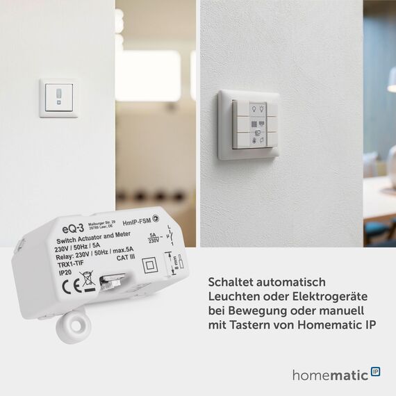 Homematic IP Schalt-Mess-Aktor – Unterputz, Packung mit 5, Smart Home, Aktor misst Strom, steuert Geräte und Leuchten per App, Alexa & Google Home, Energie sparen, 142721A0