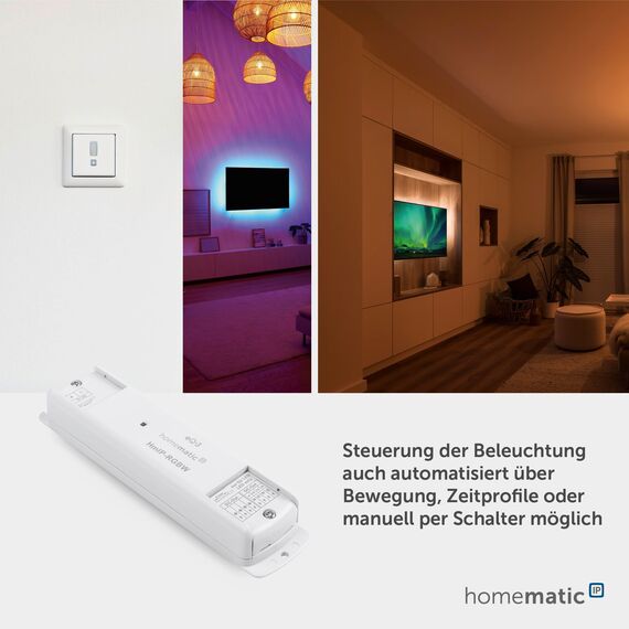 Homematic IP Smart Home LED Controller – RGBW, indirekte Beleuchtung, steuert Lightstrips. LED-Strips per App, Google Assistant und Alexa, 157662A0