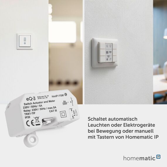 Homematic IP Smart Home Schalt-Mess-Aktor (16 A) – Unterputz, Aktor misst Strom, steuert Geräte und Leuchten per App, Alexa & Google Assistant, Energie sparen, 150239A0