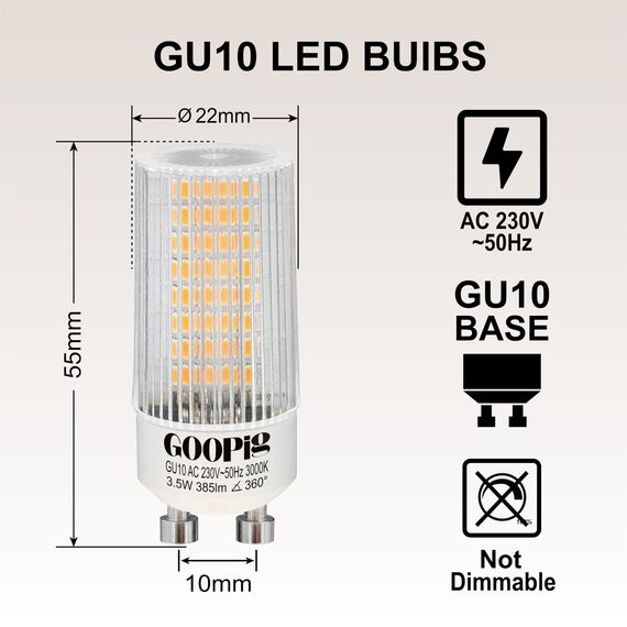 Goopig GU10 LED Lampen Mais 3,5W Warmweiss 3000K Ersetzt 50W, 6er Pack, 385lm Leuchtmittel, Flimmerfrei, Nicht Dimmbar T22 Klar Zylinder Form lampen, Abstrahlwinkel 360° Birnen