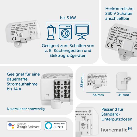 Homematic IP Smart Home Schaltaktor mit Tastereingang (16 A) – Unterputz, steuert Geräte und Leuchten per App, Alexa & Google Assistant, Energie sparen, 154346A0