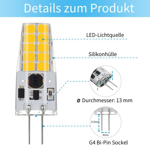 G4 LED Dimmbar Lampen,AC/DC 12-24V G4 LED Birnen,250LM,Naturweiß 4000K,Kein Flackern Glühbirne,2W Ersetzt 20W Halogenlampen,kleine Stifsockellampen,für Dunstabzugshaube für die Küche,10er Pack