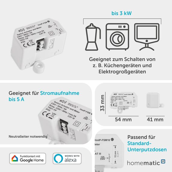 Homematic IP Smart Home Schalt-Mess-Aktor (16 A) – Unterputz, Aktor misst Strom, steuert Geräte und Leuchten per App, Alexa & Google Assistant, Energie sparen, 150239A0