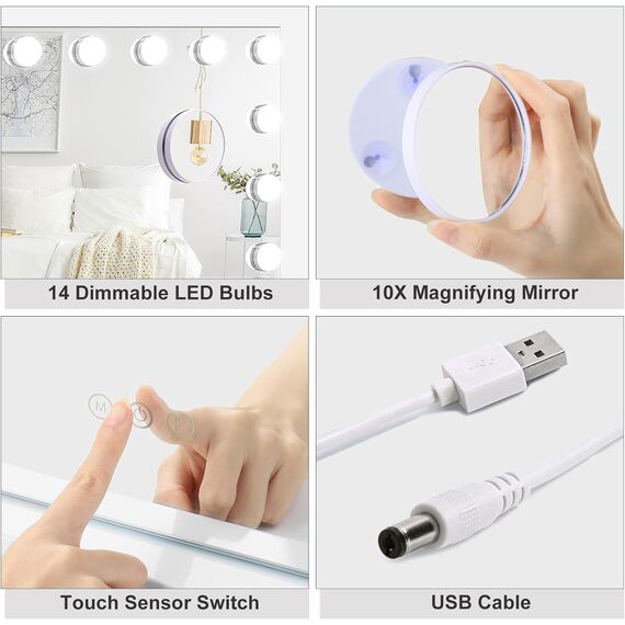 Dripex Hollywood Schminktischspiegel, Schminkspiegel mit 14 Lampen und 3 Farbtemperatur Licht, Hollywood Spiegel mit Beleuchtung, Kosmetikspiegel mit Touch Steuerung, 50 x 42 cm Weiß