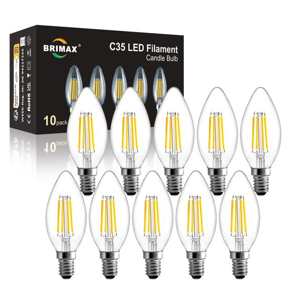 BRIMAX 10 Stück LED Dimmbare 6W Glühbirnen, E14 Fassung, 2700K Warmweiss, 6W ersetzt 60 Watt, 600 Lumen, AC220-240V, Glas Klar Edison Fadenlampe C35 Kerzenform für Kronleuchter Tischlampen Wandlampen