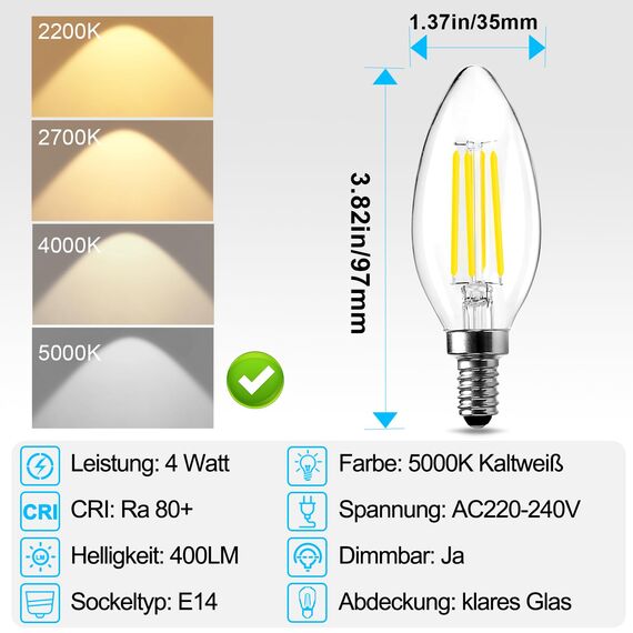 BRIMAX LED 10 Stück 5000K Kaltweiss Kerzen Glühbirnen, Dimmbar, E14 Fassung, 4W ersetzt 40 Watt, 400 Lumen, AC220-240V, Glas Klar Edison Fadenlampe C35 für Kronleuchter Tischlampen Wandlampen